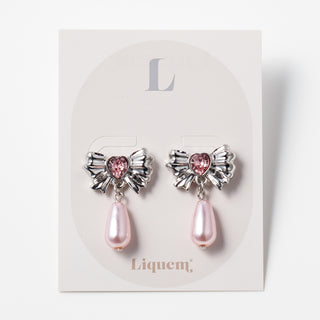 ピンク・ドロップ・リボンピアス