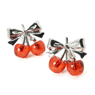 Twin Cherry Ribbon clip on earrings