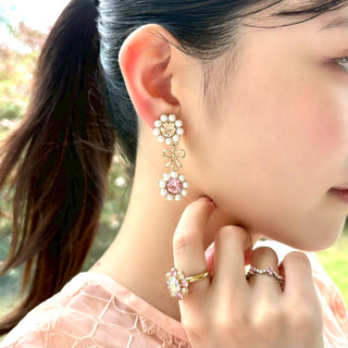 パールブルームリボンピアス(ピーチ&ベリー）