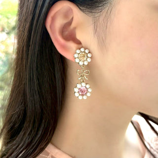 Pearl Bloom Ribbon clip on earrings (Peach & Berry)