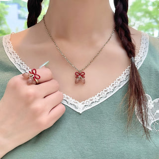 Ribbon Strawberry Necklace (Pearly Pink)
