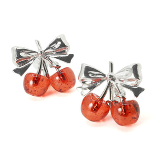 Twin Cherry Ribbon clip on earrings