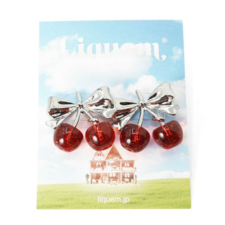 Twin Cherry Ribbon Pierced Earrings