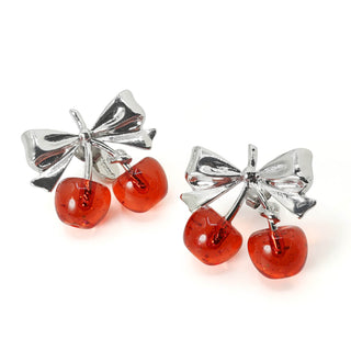 Twin Cherry Ribbon Pierced Earrings