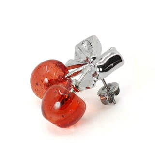 Twin Cherry Ribbon Pierced Earrings