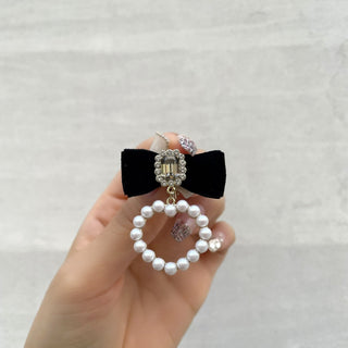 Pearl heart ribbon earrings (BK)