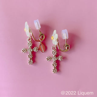 vintage flower cross clip on earrings (YEL)